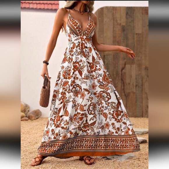SHEIN Dresses & Skirts - SHEIN White Maxi Dress with Rust Floral Print